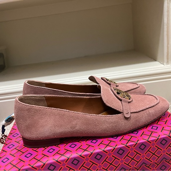 Worn once, Tory Burch Suede Miller Loafer with metal logo. Size 8, box included